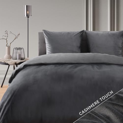 Blumtal Ropa de Cama 200x200 cm Cashmere-Touch Felpa - Ropa de Cama Oeko-Tex 200x200 Felpa + 2 Fundas 80x80 - Ropa de Cama Invierno Microfibra - Suave Antracita