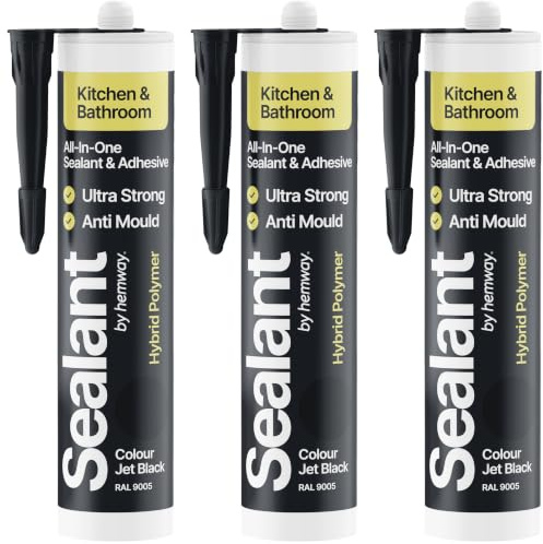 Jet Black Kitchen & Bathroom Sealant & Adhesive Hybrid Polymer | Superior to Silicone Caulk Sealant | Waterproof, Odorless, Paintable | Ideal for Around Bathtub, Shower, Kitchen - 300ml 3 Pack