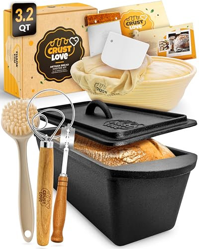 CRUSTLOVE Rectangular Cast Iron Dutch Oven for Bread Baking - incl. Sourdough Bread-Baking Supplies - 3.2QT Bread-Pan for Homemade-Bread, Sour dough Bread-Pans with Lid, Bread-Oven, Bread-Baking-Pan