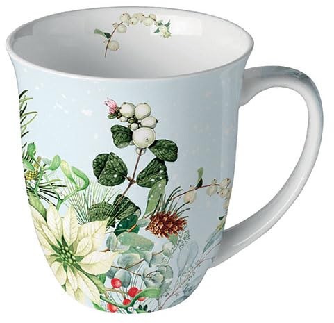 Ambiente Kaffeetasse Teetasse Becher mug 0,4 l Fine Bone China Porzellan Poinsettia weiß Blumen Zweige Winter Weihnachten Advent