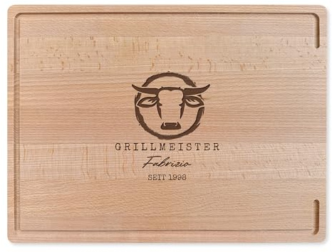 LOOXIS Personalisiertes Schneidebrett mit Namen graviert – 40x30 cm, Buchenholz, Saftrille, Steakbrett, Charcuterie Board – Geschenkidee Männer, Frauen, Vatertag, Muttertag, Einzug – Motiv 1
