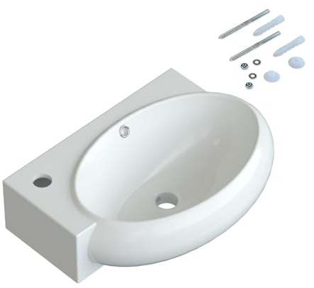 YAKE Handwaschbecken klein gäste wc Waschbecken weiß Design 44x 29x 13,5cm hängend Wandmontage Bad Waschplatz Waschbecken mit Wasserhahnloch und Überlauf aus Keramik