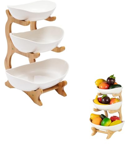 RUETERY 3 Tier Fruit Bowl, Ceramic Fruit Bowl, Fruit Basket with Bamboo Stand, Snack Storage, Fruit Storage, White Fruit Bowl for Fruits, Vegetables, Snacks, Candies, Salads, Sushi