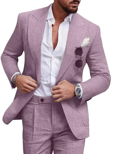 Diaryan Linen Men Suit Set Casual Tuxedo 2 Piece Regular Fit Blazer One Button Solid Jacket and Pants for Prom Wedding Party