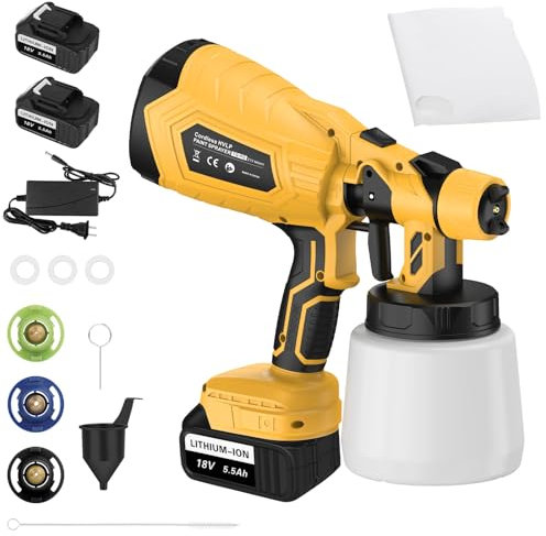Cordless Paint Sprayer with Battery, 2 X 5.5Ah Batteries, Electric Paint Sprayer for House Painting, 3 Nozzles, Adjustable Spray Width & Flow Control, HVLP Spray Gun for Furniture, Cabinet, Wall