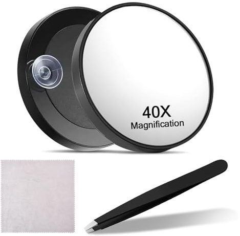Vergrößerungsspiegel mit Licht Schwarze Kosmetikspiegel mit Vergrößerung 40-Facher vVergrößerungsspiegel mit Saugnapf für Präzises Make-up und Augenbrauenkorrektur(Mit Pinzette*1,Trockenem Tuch*1)