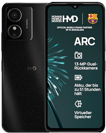 HMD Arc Smartphone (4GB RAM/64GB + MicroSD, 4.000 mAh Akku, 6,51“ HD-Display, 13MP Dual-Kamera, OS Android 14 Go, IP54 Zertifiziert, Gen1 Reparierbarkeit) Schwarz