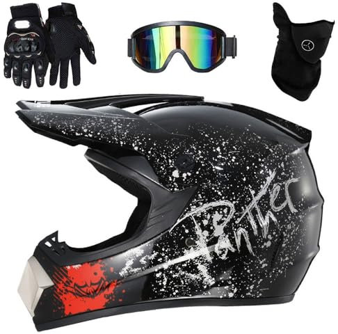 9 a 14 años Unisexo Integral MTB Casco de Motocross, con Gafas Mascarilla Guantes, Cascos para ATV, BMX, Descenso, Bicicleta de MontañA, Cuatriciclo, Aprobado por el Dot(Black Floral,L(56-57cm))