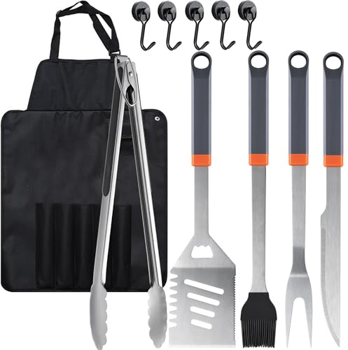11-Piece Grill Tools Set, BBQ Grilling Accessories with Tongs & Spatua, Stainless Steel Portable Grill Tools Kit with Hooks & Apron Storage Bag for Camping, Grilling Gifts for Men Dad