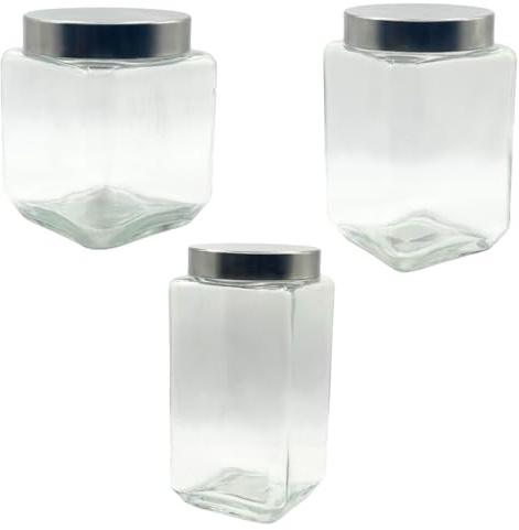 C&S Homestore Clear Square Glass Storage Jars With Airtight Lid - Set of 3 1100ml,1500ml,2000ml - Storing Cereal, Pasta, Tea Coffee, Sugar - Durable Glass Container