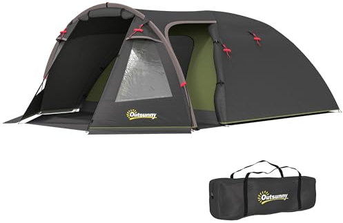 Outsunny Tente de Camping familiale pour 2-4 Personnes, Tente Tunnel imperméable 3000 mm avec 3 Portes, fenêtres, Sac de Transport, pour Camping Voyage randonnée Jardin, Noir
