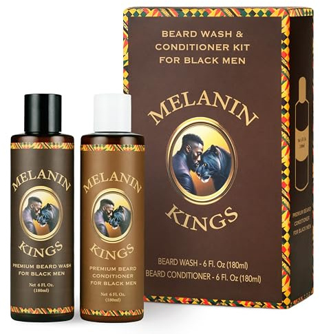 Melanin Kings Beard Wash & Conditioner Set for Black Men – Gently Cleanse, Hydrate & Soften Coarse, Dry and Curly Beards – African Oil Blend with Baobab, Marula, Argan & Jojoba