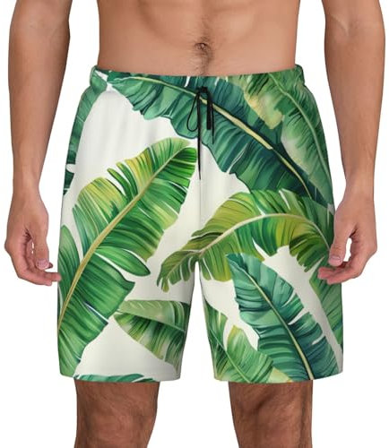 XTYGETY Tropische Bananen-Palmenblätter-Druck, schnelltrocknende Netz-Strand-Shorts, Herren-Badehose, Badehose für Herren, Schwimmen, Surfen, Schwarz , L