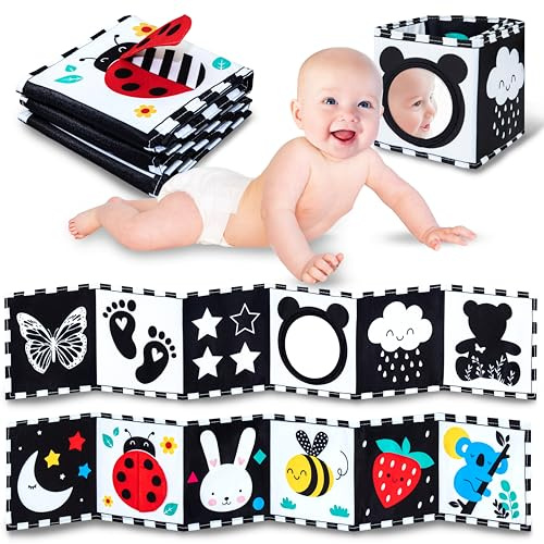 WELLODE Libro Sensoriale Neonati con Specchio Teddy - Libro Bianco e Nero Neonati in Stoffa, Montessori - Ultra Morbido, Sicuro e Lavabile, Ideale per Sviluppo Visivo e Tummy Time (0-12 Mesi)