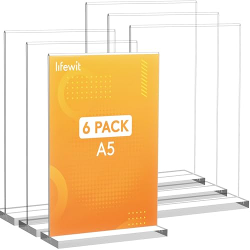 Lifewit 6 Pack A5 Soporte Acrílico para Carteles, Soporte Vertical Transparente de Doble Cara, Marco de Fotos de Plástico, Pantalla de Papel para Recepción, Oficina, Restaurante, Hotel, 22 x 15 cm