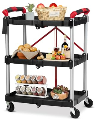 Koioplie Servierwagen Klappbar, Küchenwagen Mit Rollen, 3 Etagen Klapp-Servierwagen, Wagen Für Küche & Büro, Beistellwagen, Rollwagen, Schwarz Rot