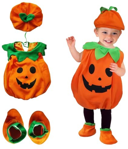 MyrkalaToy Costume da Halloween a forma di zucca per bambini, costume da zucca per neonati, con cappello, scarpa da zucca e adesivi luminosi di Halloween, per ragazze e ragazzi per la festa di