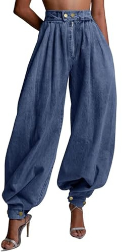 yoeasy Womens Zipper Jeans High Waisted Loose Harem Trousers Baggy Wide Leg Vintage Balloon Casual Denim Pants (Medium, Dark Blue)