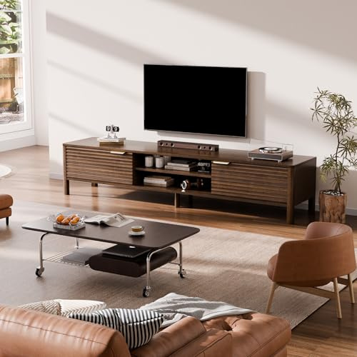 IKALIFE TV Schrank Fernsehtisch Modern - 200 cm TV Lowboard für Fernseher bis zu 80 Zoll, Fernsehschrank mit 2 Stauraum, TV-Board Sideboard TV-Tisch für Wohnzimmer Schlafzimmer, Braun