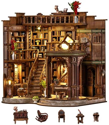 DIY Book Nook per Adulti, Angolo Lettura in Wooden Booknook 3D, Mini Casa in Legno a Tre Piani con Luci LED, Livello di Difficoltà 5, Soggiorno, Natale e Compleanni