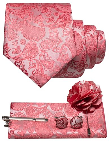 JEMYGINS Herren Paisley Krawatte mit Einstecktuch Krawattenklammer Blumenbrosche und Manschettenknöpfen Set