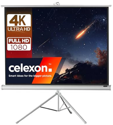 celexon Economy White Tripod screen white 80 | 158x118 cm 4:3 | Mobile, 4K, full HD projector screen with manual roller extension for home cinema, office & outdoor use | incl. stand + carrying handle