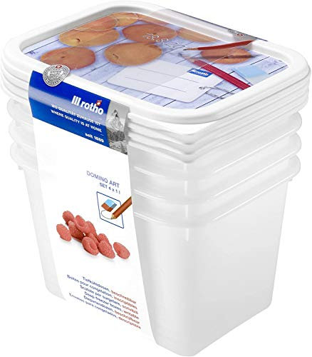 Rotho Domino Ensemb le De 4 Pots À Congé lation De 1 l Avec Motif Inscriptib le Sur le Couverc le, P lastique De Qua lité A limentaire (Pp) Sans Bpa, B lanc, 4 X 1 l (15.7 X 11.8 X 10 cm)
