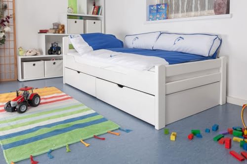 Kinderbett/Jugendbett Easy Premium Line K1/2n inkl. 2 Schubladen und 2 Abdeckblenden, 90 x 200 cm Buche Vollholz massiv weiß lackiert