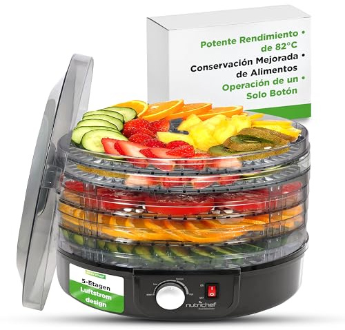 NutriChef Essiccatore Alimentare Elettrico da Banco | Macchina Professionale Multi-Livello per Conservazione Cibi | Essicca Pesce, Carne Secca | 5 Vassoi Impilabili Facili da Pulire