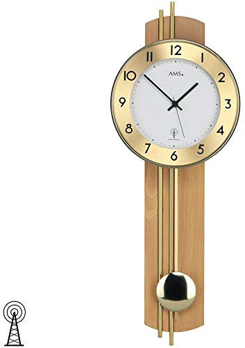 AMS Wanduhr mit Pendel Funk Holzrückwand Buche furniert Messingstäbe