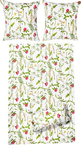 Erwin Müller Perkal-Seersucker Bettwäsche rot-grün-weiß Größe 40x80 cm / 155x220 cm geblümt, schnelltrocknend, bügelfrei, mit Reißverschluss