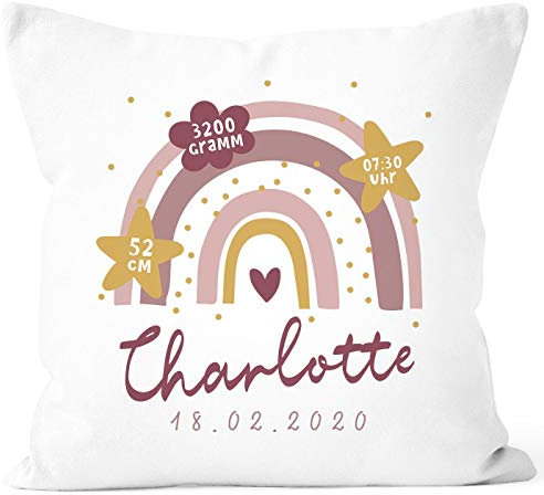 SpecialMe® personalisierbarer Kissen-Bezug zur Geburt Geburtskissen Regenbogen Herzen Geschenk Geburt Baby Mädchen weiß 40cm x 40cm
