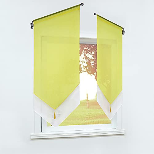 SCHOAL Scheibengardine mit Tunnelzug Bistrogardine Modern Küche Gardinen Voile Transparent Panneaux Vorhänge Gelb BxH 40x90cm 1 Stück