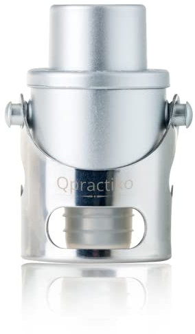 Qpractiko | Konservativer Deckel für Wein & Champagner, Silber, ABS-Kunststoff | Zeitmarkierung, Griff-Mechanismus, Silikonverschluss, Vakuumpumpe | luftdicht, Frische bewahren
