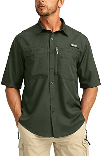 Men's Fishing Shirts with Zipper Pockets UPF 50+ Lightweight Cool Short Sleeve Button Down Shirts for Men Casual Hiking(Olive, Small)