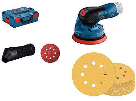 Bosch Professional Exzenterschleifer GEX 12V-125 (1x Schleifpapier, ohne Akkus Ladegerät, in L-BOXX 136) + 50x Schleifpapier Expert C470 8 Löchern (für Hartholz, Farbe auf Holz, Ø 125 mm, K 80)