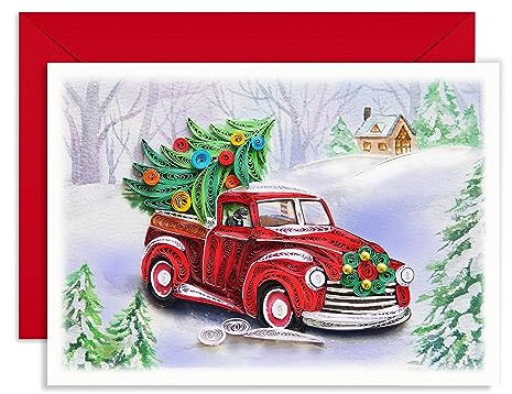 TUMYBee Retro Car Carrying Christmas Card, Merry Xmas Greeting Card, Watercolor Quilling Quilled Card for Holiday, New Year, Mom, Dad, Grandma, Friend, Boss, Co-worker (Car Christmas)