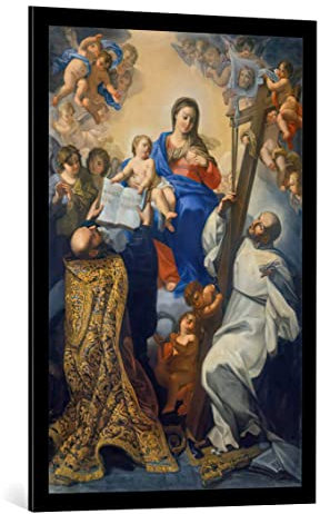 kunst für alle Bild mit Bilder-Rahmen: Giovanni Odazzi Die Madonna erscheint den Heiligen Benedikt und Bernhard - dekorativer Kunstdruck, hochwertig gerahmt, 65x100 cm, Schwarz matt