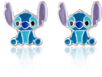 Disney Pendientes Stitch en Plata 925, con Esmalte de Colores, Aptos para Mujeres y Niñas, Listos para Regalar, Joyas Oficiales Disney