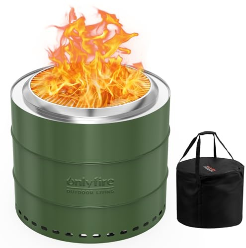 onlyfire 50cm Raucharme Feuerschale für Holzverbrennung, Feuerstelle mit Abnehmbarer Aschekasten, Aufbewahrungstasche, Feuerschalen für Terrasse, Garten, Picknick, Edelstahl, Mobile Feuerkorb, Grün