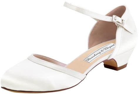 Duosheng & Elegant Brautschuhe Damen Tanzschuhe Runde Zehen Schnalle HC1621 Laceabsatz Pumps Satin Ivory EU 41