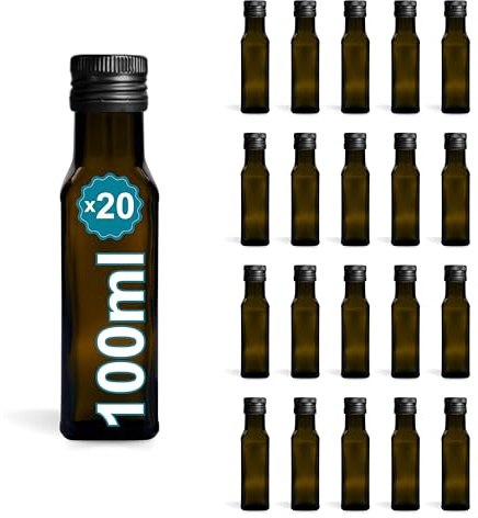 Espirito Rebelde 20 Botellas de Cristal Oscuro 100 ml con Tapón de Rosca Negro – Botellas Pequeñas para Aceite de Oliva, Vinagre, Alcohol, Salsas, Poción Mágica – Muestras
