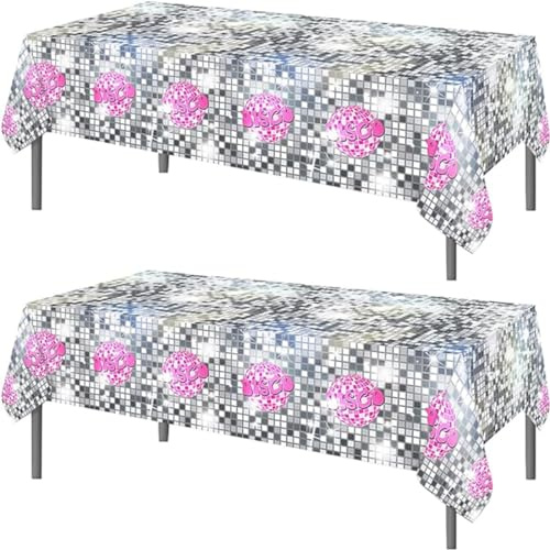 TOKYMOON 2-pack med engångs retro discotema 137 x 213 cm bordsdukar diskotekbling silver boll fest bordsskydd för barn baby shower disco födelsedagsfest tillbehör