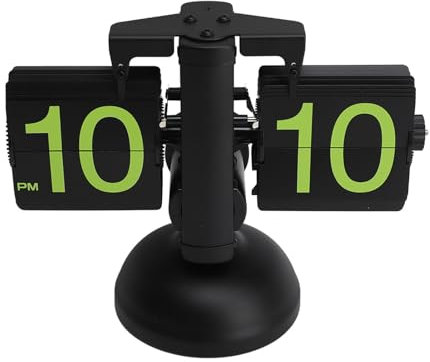 Sunicon Flip Down Clock,European Style Vintage Digital Flip Clock Stainless Steel Auto Mechanical Digital Flip Desk Clock for Home Livingroom 12 Hours (Black Frame Green Number)