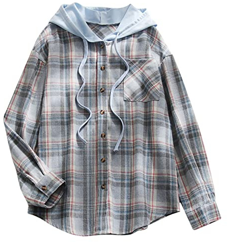 AnnSemo Chemise à carreaux boutonnée décontractée pour femme - Veste d'automne légère et ample à carreaux - Chemise à carreaux à manches longues - Chemise d'hiver à capuche - Survêtement de bureau, 0