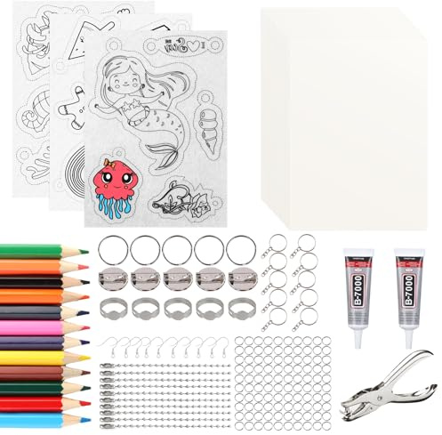 TOPCZY 183 Stück Schrumpffolien Set, nthält Schrumpfkunstpapier, Locher, Ohrhaken, Buntstifte, Broschen und Schlüsselanhänger DIY Gemusterte Schrumpffolie für Handwerk Dekorationen