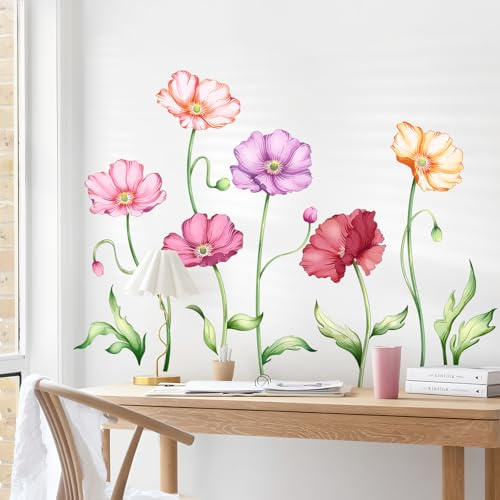 Supzone Wandtattoo Große Blumen Wandaufkleber Mohnblumen Blume Rote Wandsticker Abziehen und ankleben für Wohnzimmer Schlafzimmer Sofa TV-Hintergrund Wanddeko