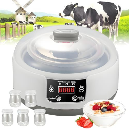Yogurt Maker 1.2L - Máquina eléctrica automática de yogur con 5 tarros (100 ml), pantalla LED, control de temperatura y tiempo ajustable (8-12 horas), fácil de limpiar, producción eficiente de yogur
