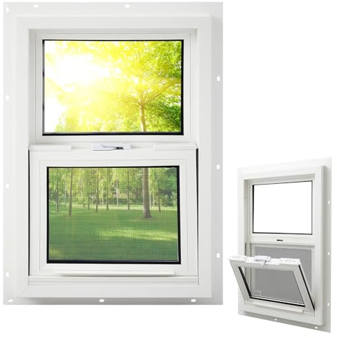Pushglossy 14 x 27 Mobile Home Window Insulated Vinyl Low E Mobile Home Windows Replacement, Lower Tilt Sash Screen Included, Clear Double Pane Glass, Single Hung for House Basement Parts, White