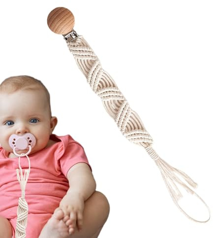 Sujetadores de pezón, clips Paci | Clips de Paci hechos a mano Boho | Clip de chupete de cuerda de algodón hecho a mano para niños pequeños, niñas, Boho de madera, para fijación de botellas de leche